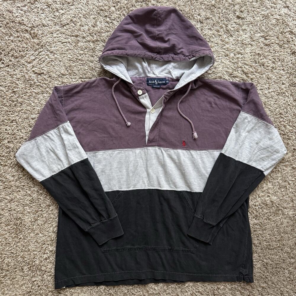 Vintage Polo Ralph Lauren Hybrid Rugby Hoodie Shirt Men’s Size XL Made In USA
